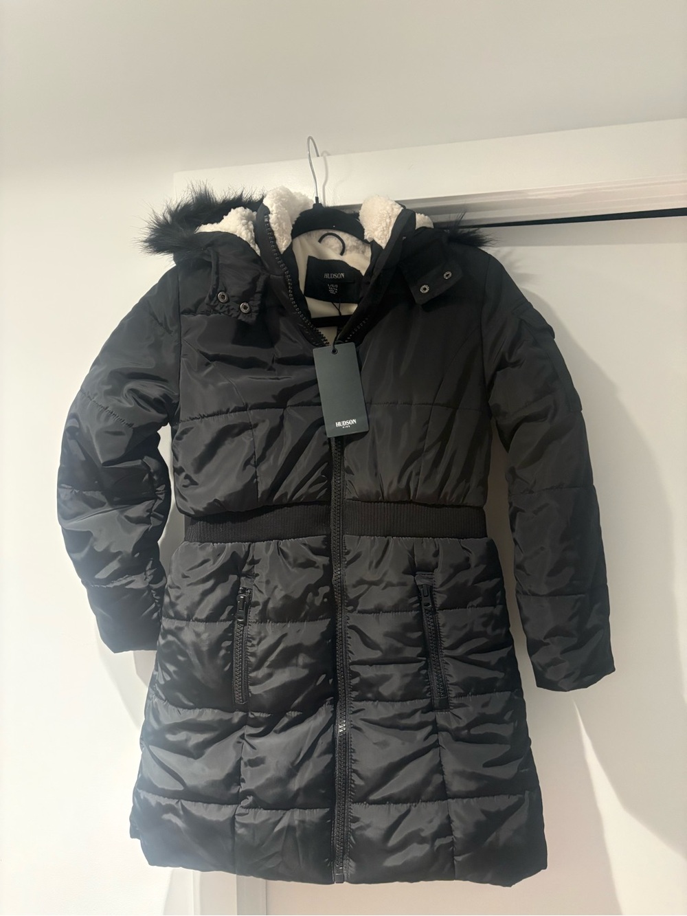 Hudson Jeans Black Quilted Hooded Puffer Coat with Faux-Fur Trim